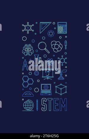 STEM - Science, Technology, Engineering and Math concept vertical blue banner in outline style. Vector linear illustration Stock Vector
