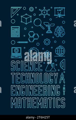 STEM Education concept thin line vertical vector blue colored banner or illustration with dark background Stock Vector