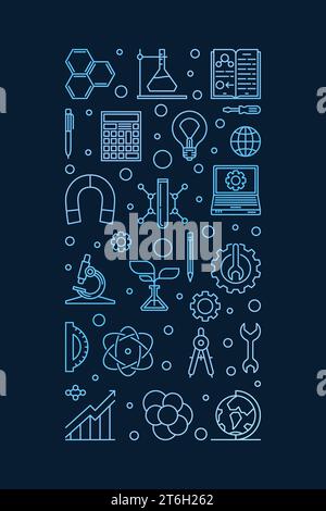 Science, Technology, Engineering and Math colored illustration. STEM vector outline vertical concept banner with dark background Stock Vector
