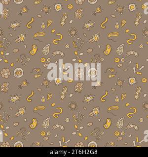 Microbiology vector concept brown creative seamless pattern with Bacteria signs Stock Vector