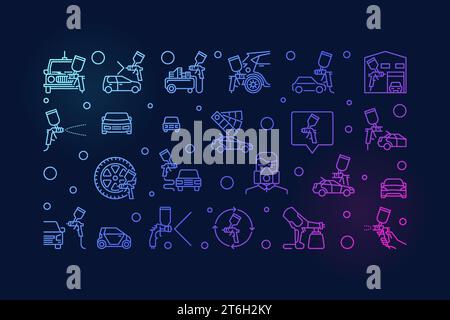 Automotive Painting vector concept thin line horizontal illustration with Spray Gun signs with dark background Stock Vector