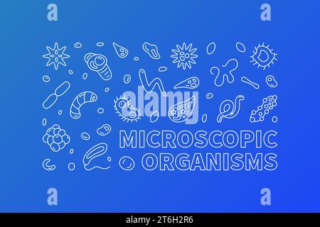 Microscopic Organisms vector Microbiology concept blue outline horizontal banner - Microorganisms illustration Stock Vector