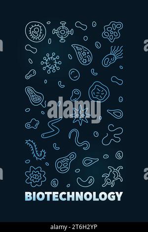 Biotechnology Science concept vector blue vertical banner or illustration in thin line style with dark background Stock Vector