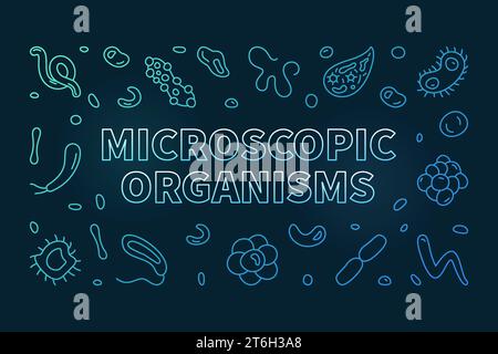 Microscopic Organisms vector Bacteriology concept thin line colored horizontal banner - Microorganisms illustration with dark background Stock Vector