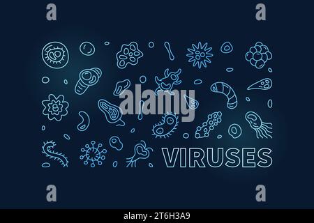 Viruses concept outline vector colored horizontal banner made with virus linear signs with dark background Stock Vector