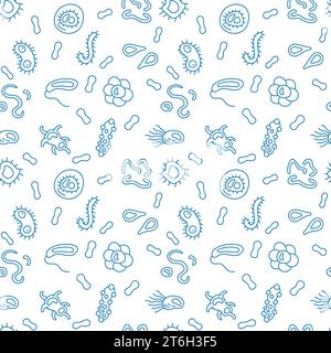 Viruses and Microbes vector Bioengineering concept blue seamless pattern in thin line style Stock Vector