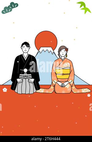 New Year's card for 2024, man and woman in kimono, Mt. Fuji and sunrise on the first day of the year, Vector Illustration Stock Vector