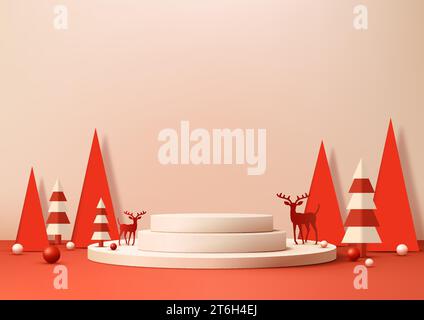 3D realistic beige christmas podium on a brown background with pine ...