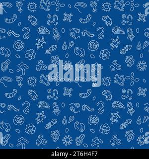 Microbes and Viruses vector Microbiology concept blue seamless pattern in outline style Stock Vector