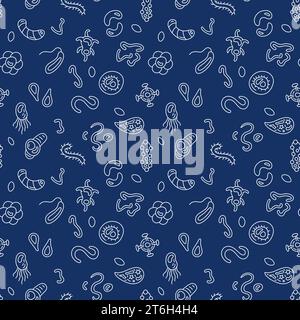 Microbes Bioengineering vector concept thin line blue seamless pattern Stock Vector