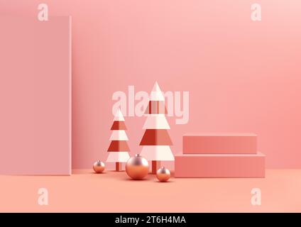 Christmas festive 3D pink podium decoration with pine tree for product display with shiny balls on the floor and pink wall background. Christmas holid Stock Vector