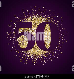 Creative number 50. Price label. 50th anniversary icon concept. Up to 50 percent off sale. Shiny golden design with glittering elements. Isolated sign Stock Vector