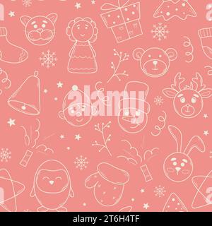 Sweet pink baby seamless pattern. Winter holiday background with Christmas elements. Funny New Year characters, snowflakes, crackers and angels Stock Vector