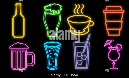 Set of bright luminous multi-colored neon signs for a cafe restaurant bar beautiful shiny with cocktails and drinks, tea, coffee, beer on a black back Stock Vector