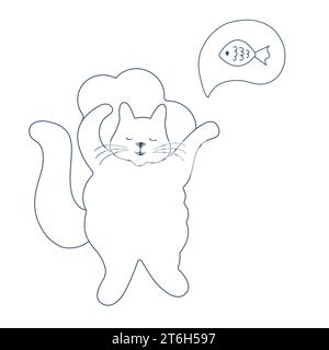 Doodle cartoon hand drawn sleeping cat dreaming of a fish. Cute cartoon vector simple illustration for children Stock Vector