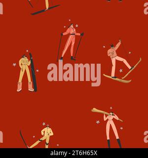Hand drawn vector abstract Merry Christmas winter illustration seamless pattern, winter activity ski and snowboarding people characters.People in Stock Vector