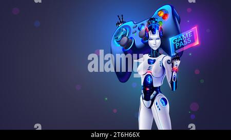 Beautiful cyborg woman holds on her shoulder huge gamepad, game pass for computer video games, digital entertainment. Female robot with large controll Stock Vector