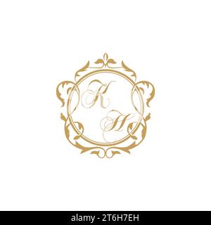 KH Wedding initial invitation with elegant ornament circle element vector graphic template Stock Vector