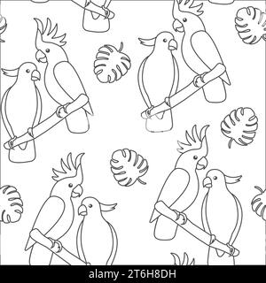 Vector love parrots seamless pattern in doodle style. Cartoon cute cockatoo family with tropical leaves. Happy Valentine concept. Creative style Stock Vector