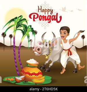 Happy Pongal Farm and Bull 2024 is a joyful and vibrant celebration of the traditional South Indian harvest festival known as Pongal. Stock Vector