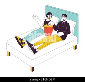 Movie date night at home line cartoon flat illustration Stock Vector