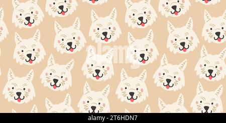 Vector seamless pattern with cute white dog faces. Dog pattern on beige background. Vector illustration Stock Vector