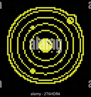 Pixel silhouette icon. Abstract model of solar system. Planets revolve in orbits in space around star, sun. Simple black and yellow vector Stock Vector