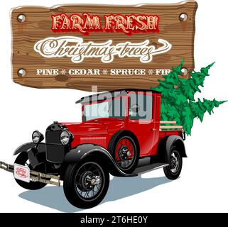 Vector vintage farm sign with Christmas tree by red truck. Farm Fresh Christmas Trees retro poster. Available eps-10 format separated by groups and la Stock Vector