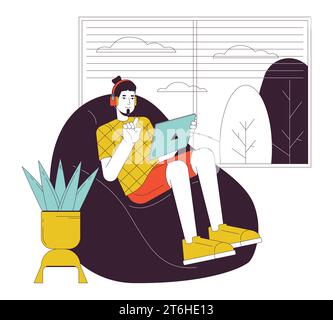 Using online streaming platform on tablet line cartoon flat illustration Stock Vector