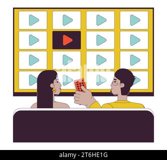 Watching tv show together line cartoon flat illustration Stock Vector