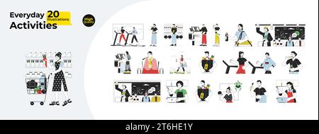 Daily life activities line cartoon flat illustration bundle Stock Vector