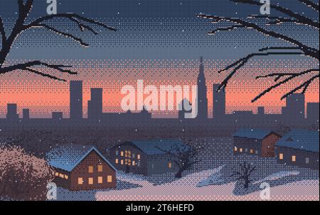 Pixel art winter village landscape. Snowy houses in front of the cityscape silhouette. Christmas background. Vector illustration Stock Vector