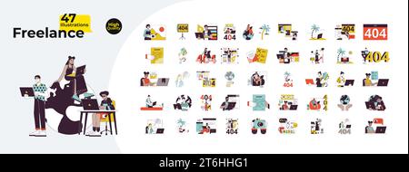 Freelance jobs work from home 2D linear illustration concepts bundle Stock Vector