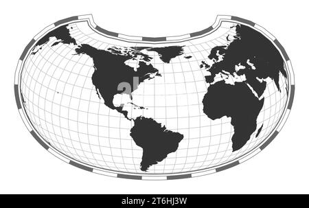 Vector world map. Armadillo projection. Plain world geographical map with latitude and longitude lines. Centered to 60deg E longitude. Vector illustra Stock Vector