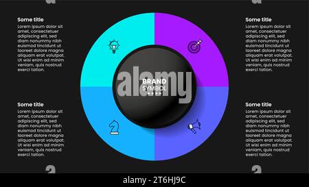 Infographic template with icons and 4 options or steps. Dark style pie chart. Can be used for workflow layout, diagram, banner, webdesign. Vector illu Stock Vector
