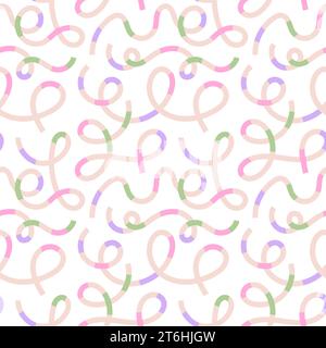 Seamless pattern of colorful abstract squiggles print, thin beige continuous line with parts, scribble spiral and wavy lines. retro 80s memphis style. Stock Vector
