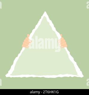 Hands holding a torn paper triangle shape. Paper with a copy space. Vector illustration Stock Vector