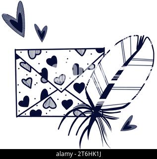 Vector illustration. Valentine's Day, love letter in hearts, white feather drawn in vector in dark blue color. Suitable for printing on fabric Stock Vector