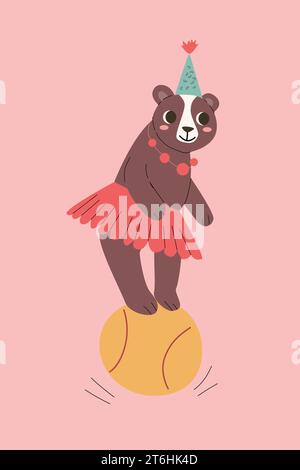 Cartoon bear character on ball in costume - card Stock Vector
