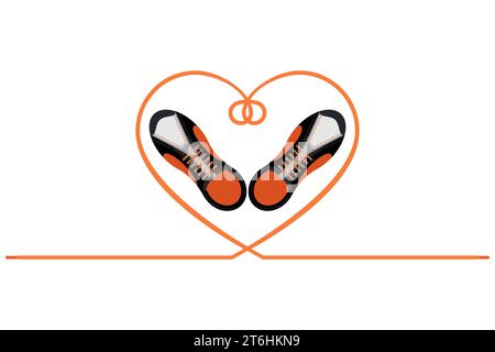 A pair of sneakers and a heart shaped shoelaces. Top view. A pair of gym shoes with long laces. Isolated vector illustration on white background. Stock Vector