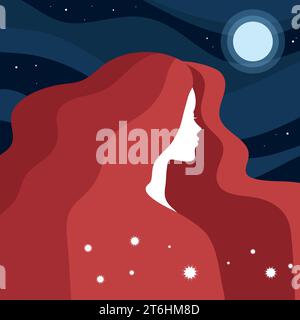 Abstract redhead woman with long wavy hair on night sky background. Vector illustration Stock Vector