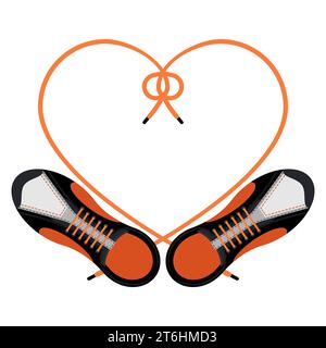 A pair of sneakers and a heart shaped shoelaces. Top view. A pair of gym shoes with long laces. Isolated vector illustration on white background. Stock Vector