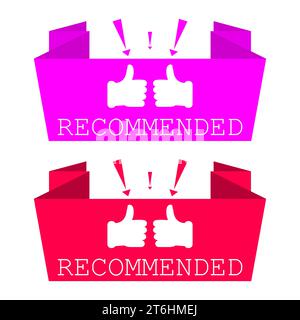 Pink and red banner recommended with thumb up and exclamation points. Vector illustration on white background. Stock Vector