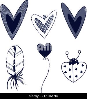 Set of illustrations for Valentine's Day. Vector illustration. A set of hearts, a heart-shaped balloon, a ladybug, a white feather drawn in dark blue. Stock Vector