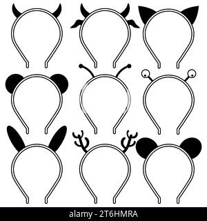 Set of headbands, headdresses, hearbands with ears and horns animals and other characters. Set of icons horns devil, cow, deer, bee. Stock Vector