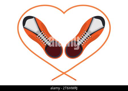 A pair of sneakers and a heart shaped shoelaces. Top view. A pair of gym shoes with long laces. Isolated vector illustration on white background. Stock Vector