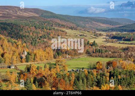 Balmoral Estates Crathie Scotland sunshine over Crathie Kirk and the River Dee valley in autumn Stock Photo