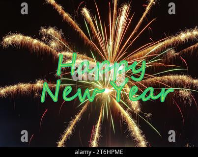 Happy New Year text on fireworks background, Happy New Year Stock Photo