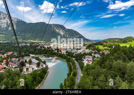 View from the gondola of the Predigstuhlbahn on Bad Reichenhall and river Saalach, in the back Hochstaufen, 1771 m, Chiemgauer Alps, Berchtesgadener Alps, Bavaria, Germany, Europe Stock Photo