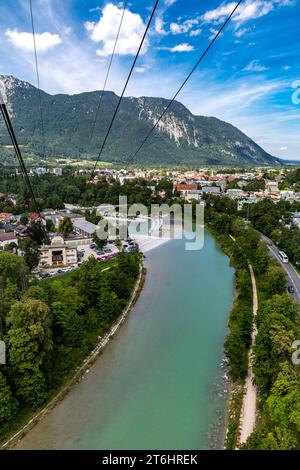 View from the gondola of the Predigstuhlbahn on Bad Reichenhall and river Saalach, in the back Hochstaufen, 1771 m, Chiemgauer Alps, Berchtesgadener Alps, Bavaria, Germany, Europe Stock Photo